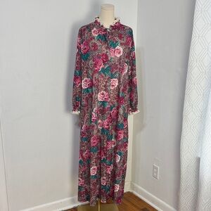 Miss Elaine Pink Floral Paisley Long Sleeve Robe Pockets Prairie Cottage‎ Sz L